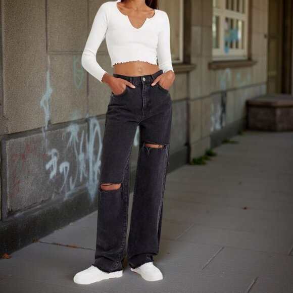 Zara Straight Wide Leg High Rise Distressed Raw Hem Jeans, 27/33 - Picture 1 of 16